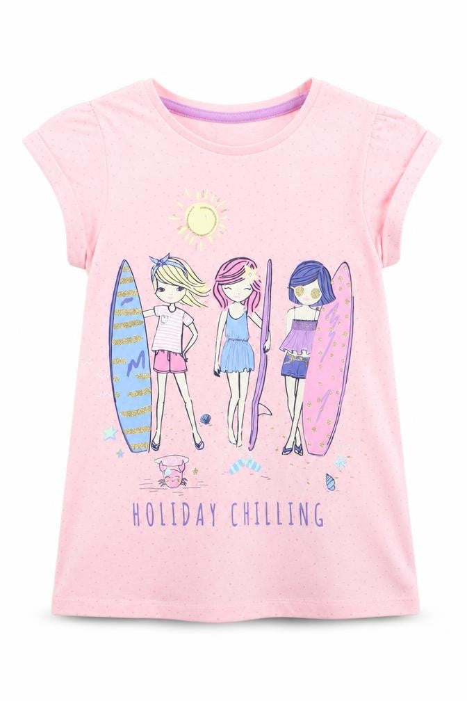 Little Kids Girls Pink   Basic T-Shirt Size 5-6 Years  - Holiday Chilling