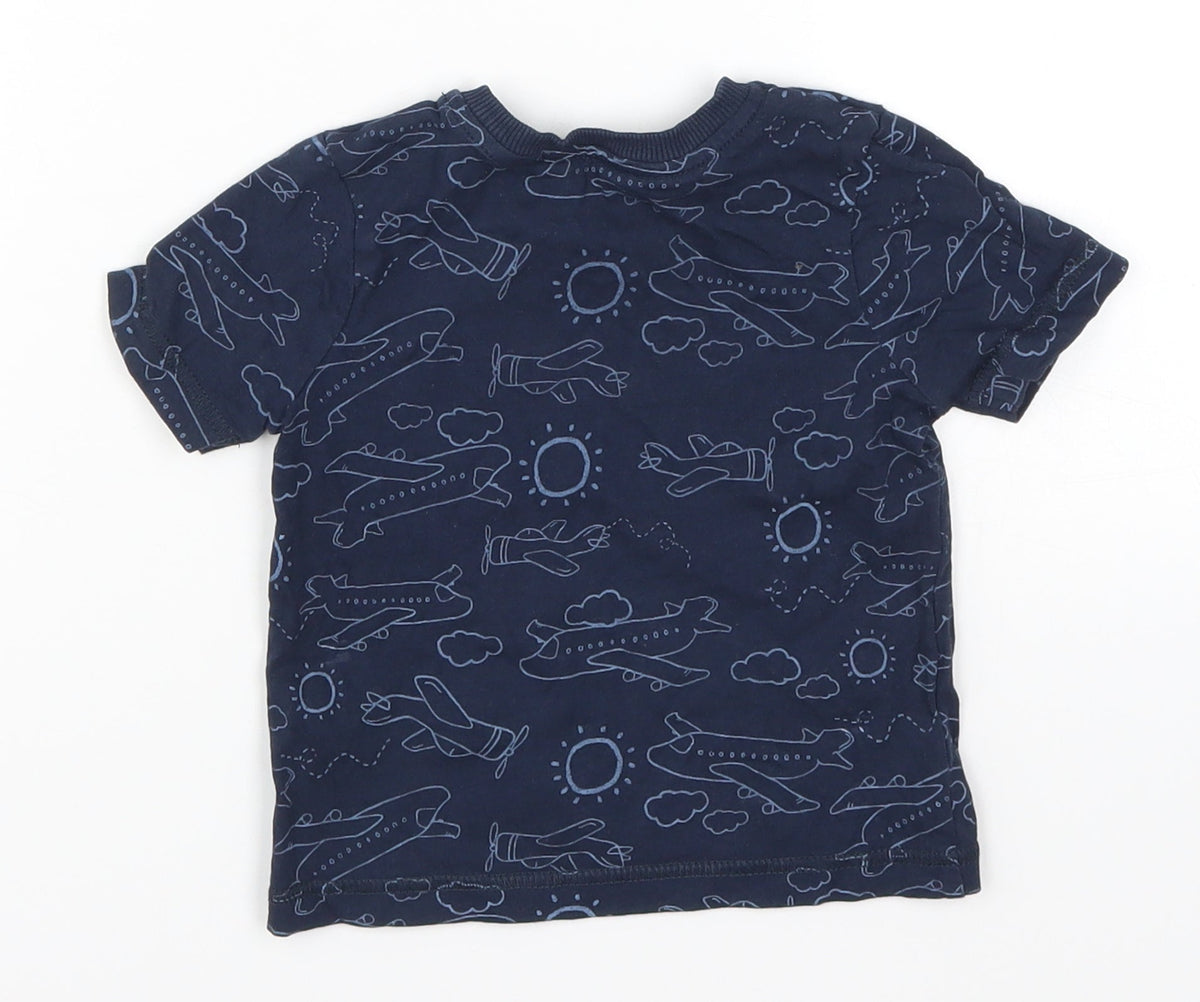 Back view of Very boys’ blue basic t-shirt, size 12-18, months - planes