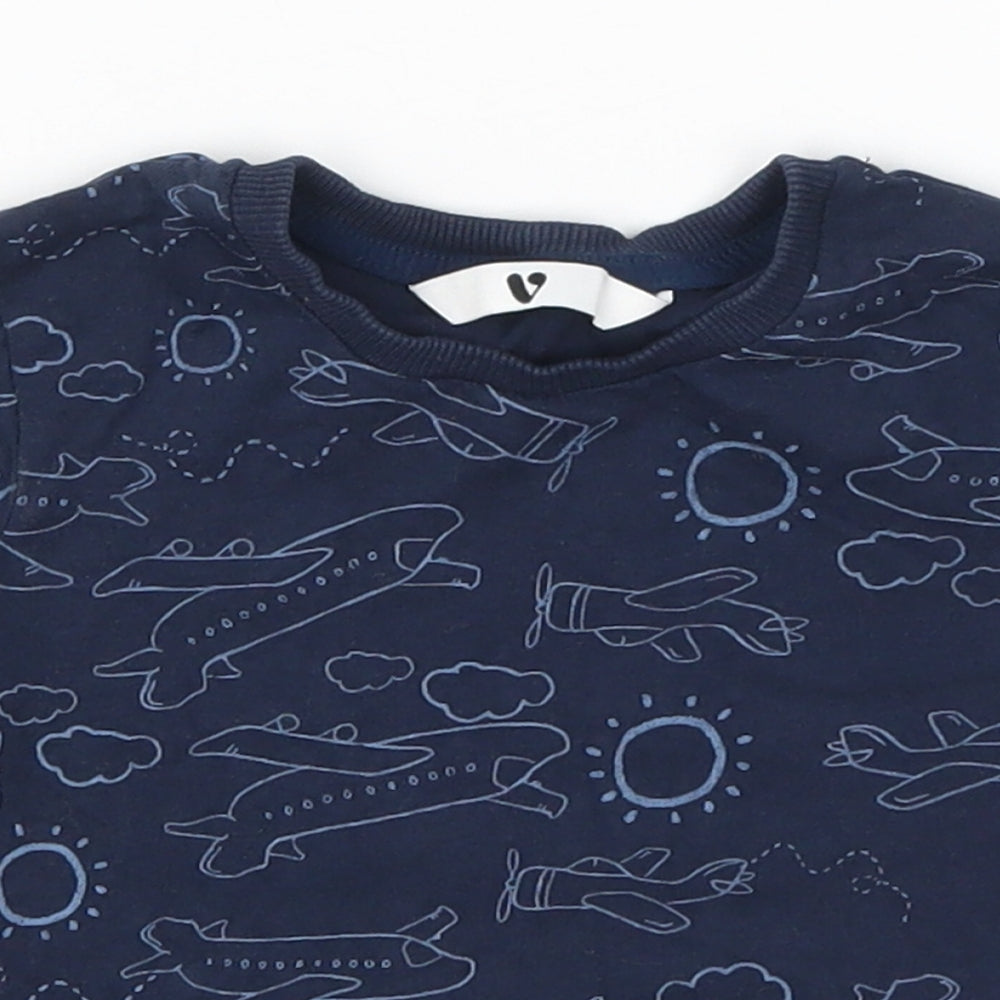 Close-up detail of Very boys’ blue basic t-shirt, size 12-18, months - planes