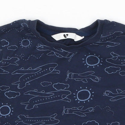 Close-up detail of Very boys’ blue basic t-shirt, size 12-18, months - planes
