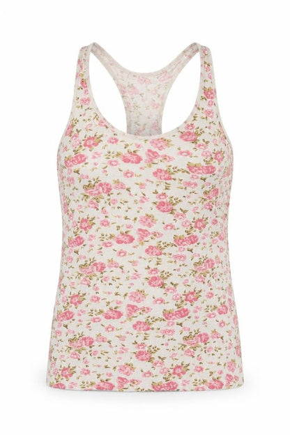 Front view of Denim Co. women’s white floral basic tank, size UK 10