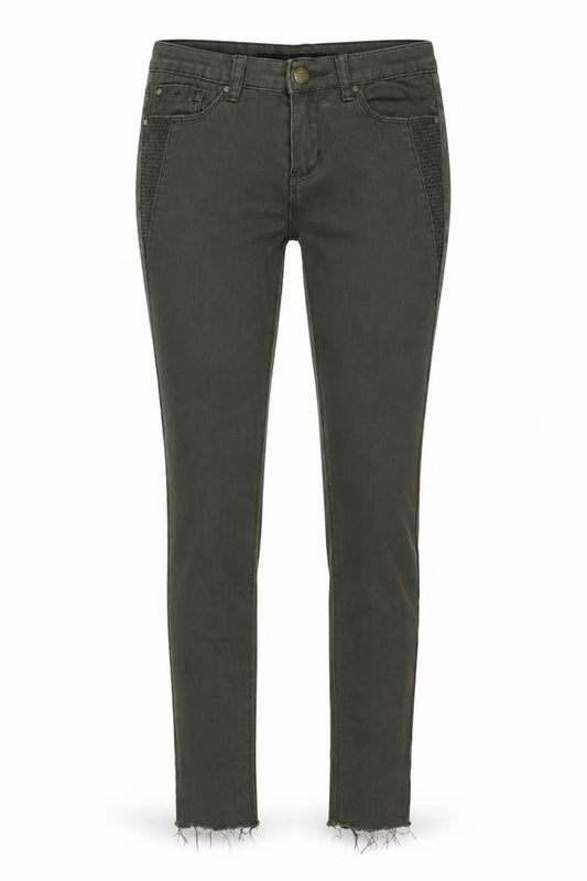 Front view of Denim & Co. women’s green denim skinny jeans, size UK 8, 28-inch leg