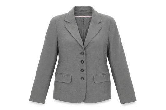 Front view of EVIE women’s grey jacket, size UK 18