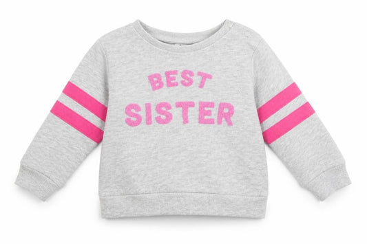 Front view of Very girls’ grey striped jersey jumper, size 9-12, months - best sister