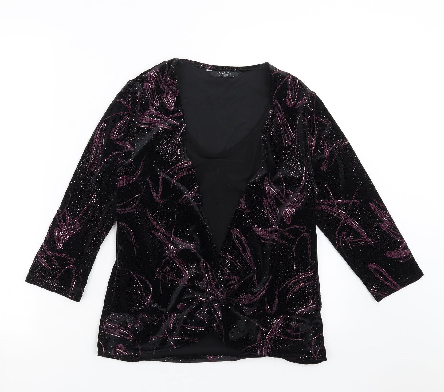 BM Womens Black Geometric  Basic Blouse Size 12  - Twist front