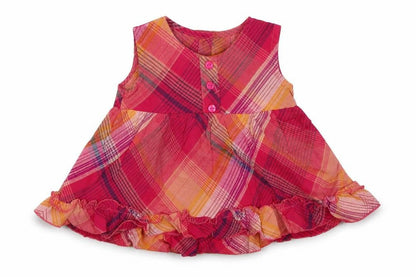 Front view of Baby time girls’ pink check a-line, size 6-9, months