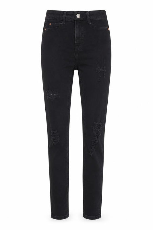Front view of Denim & Co. women’s black denim skinny jeans, size UK 6, 28-inch leg