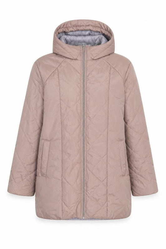 Front view of anne de lancay women’s beige rain coat coat, size L