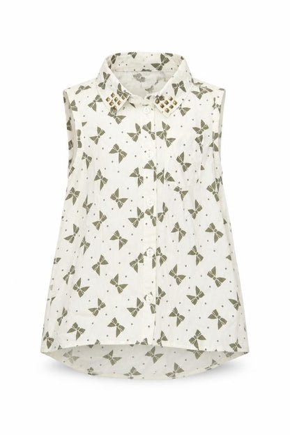 Front view of F&F girls’ ivory geometric basic button-up, size 12-18, months