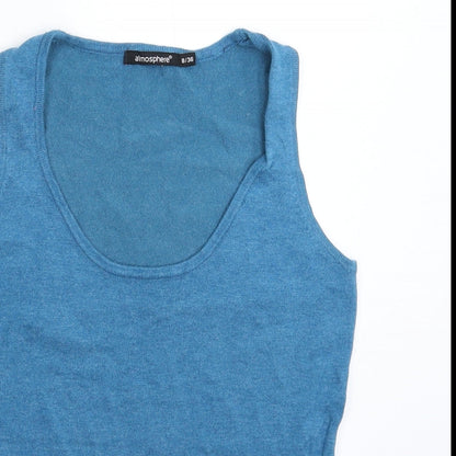 Close-up detail of Atmosphere women’s blue knit basic tank, size UK 8