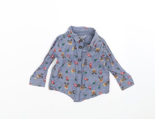 F&F Boys Blue   Basic Button-Up Size 3-6 Months  - Christmas