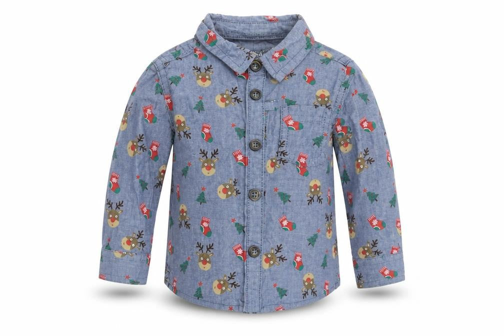 F&F Boys Blue   Basic Button-Up Size 3-6 Months  - Christmas