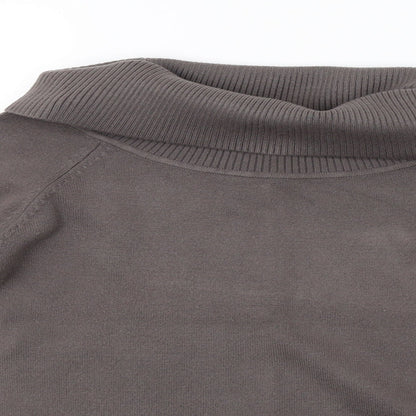Close-up detail of French Connection women’s grey knit pullover sweatshirt, size M