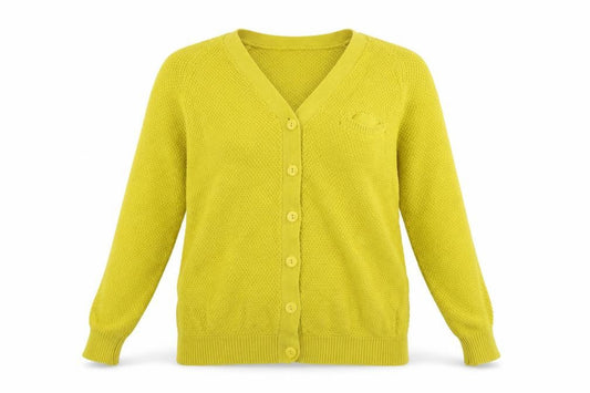 Front view of ASOS women’s yellow cardigan jumper, size UK 8