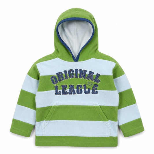 Front view of Next boys’ green striped jumper, size 9-12, months - original league