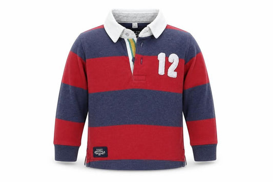 Front view of Marks boys’ red striped basic polo, size 9-12, months - 12