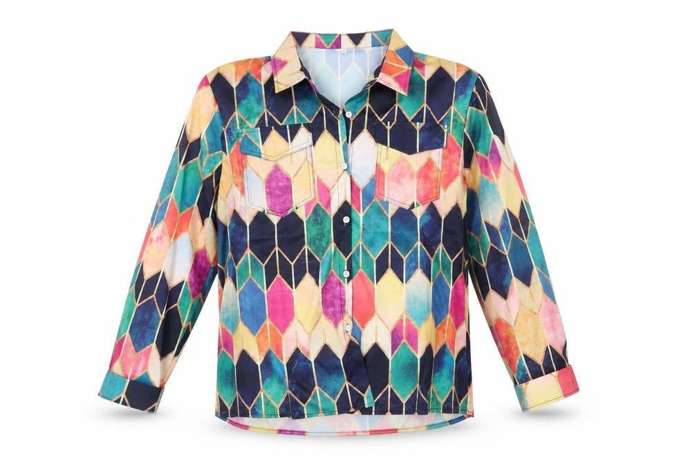 prewo Womens Multicoloured Geometric   Button-Up Size L