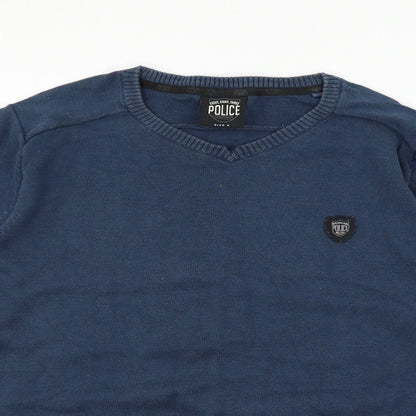 Close-up detail of Police men’s blue knit jumper, size M