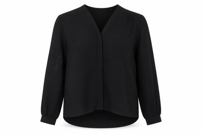 Front view of ASOS women’s black basic blouse, size UK 14