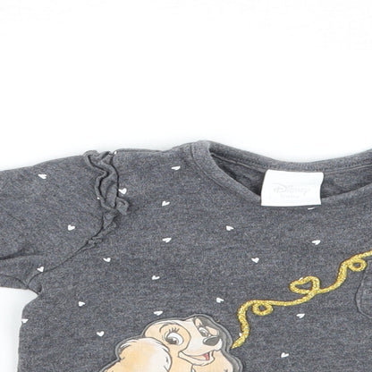 Close-up detail of Disney girls’ grey basic t-shirt, size 0-3, months