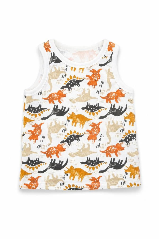 TU Girls White Animal Print  Basic Tank Size 5 Years  - Dinosaur