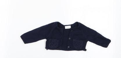 Front view of Next girls’ blue cardigan jumper - lace back panel