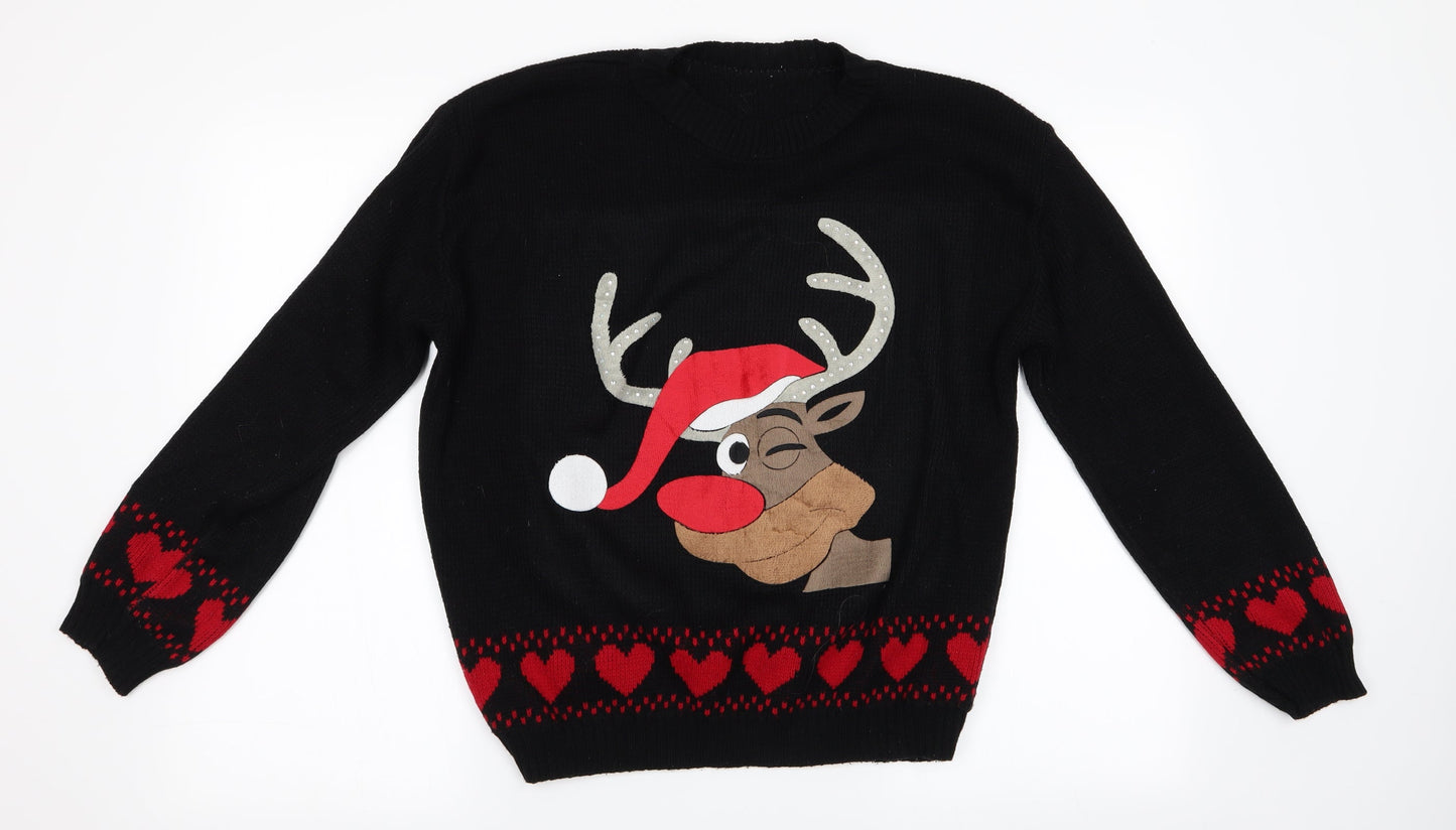 Preworn Womens Black Animal Print  Pullover Jumper   - Christmas Reindeer