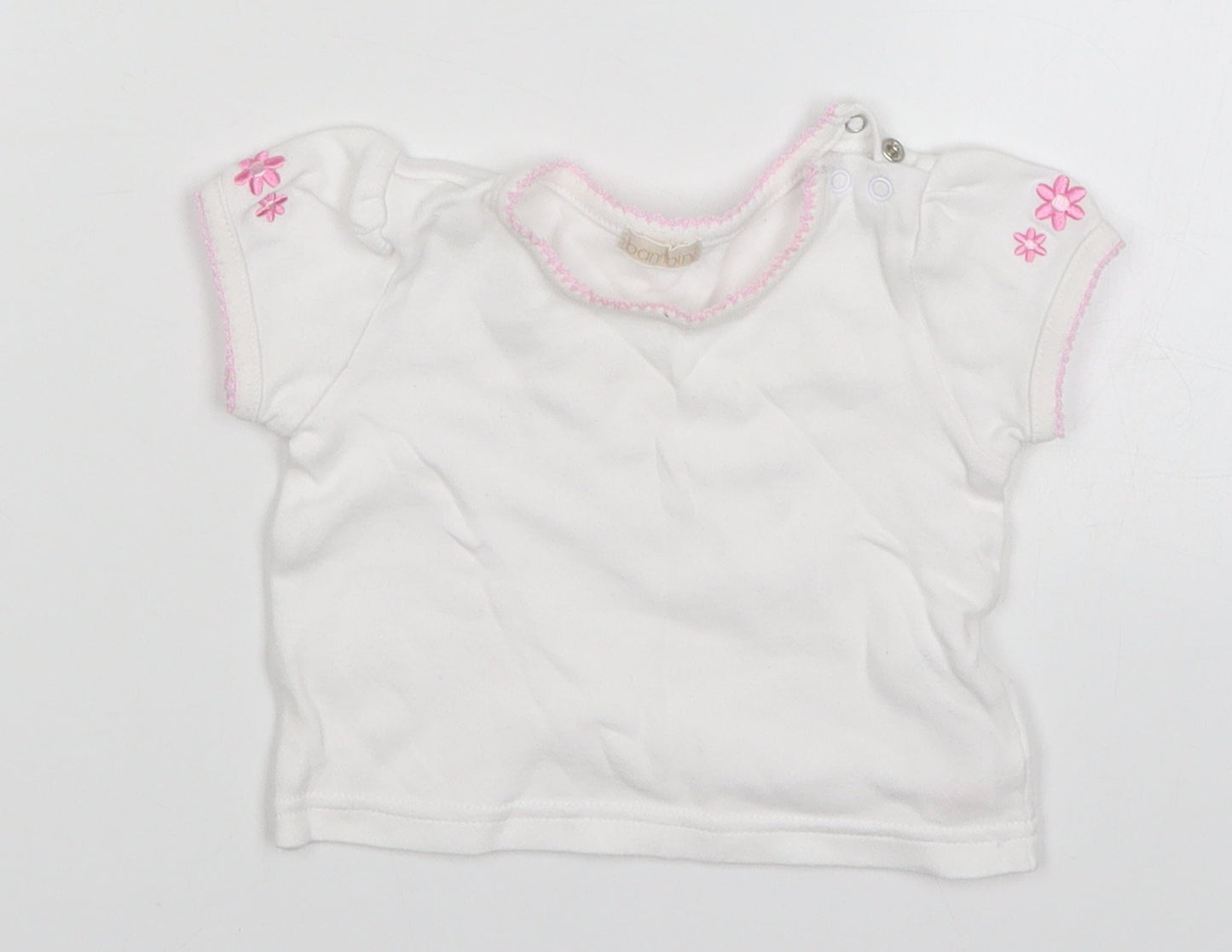 BHS Girls White   Basic T-Shirt Size 3-6 Months  - Embroidered Flowers on Sleeves