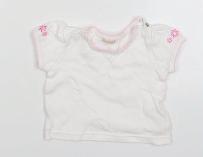 Additional front view of BHS girls’ white basic t-shirt, size 3-6, months - embroidered flowers on sleeves