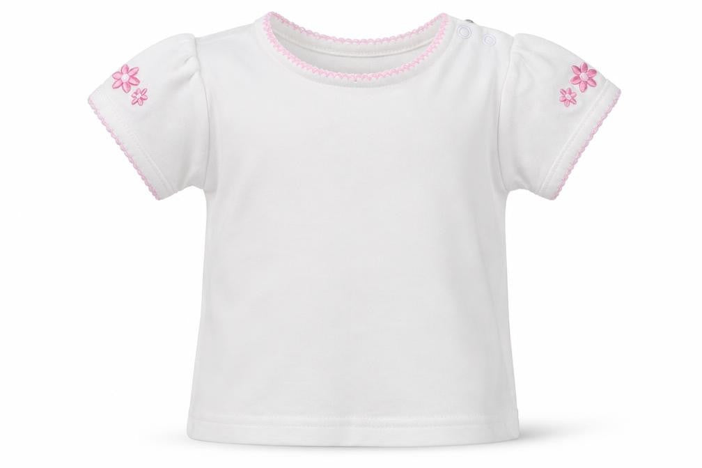 BHS Girls White   Basic T-Shirt Size 3-6 Months  - Embroidered Flowers on Sleeves