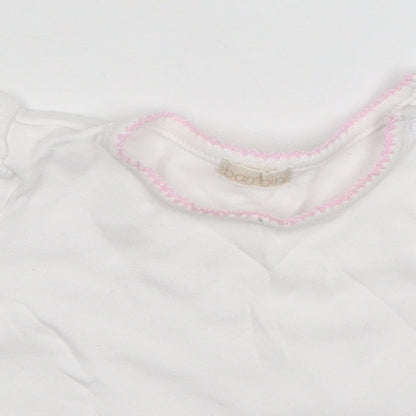 Close-up detail of BHS girls’ white basic t-shirt, size 3-6, months - embroidered flowers on sleeves