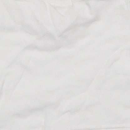 Brand and care label for BHS girls’ white basic t-shirt, size 3-6, months - embroidered flowers on sleeves