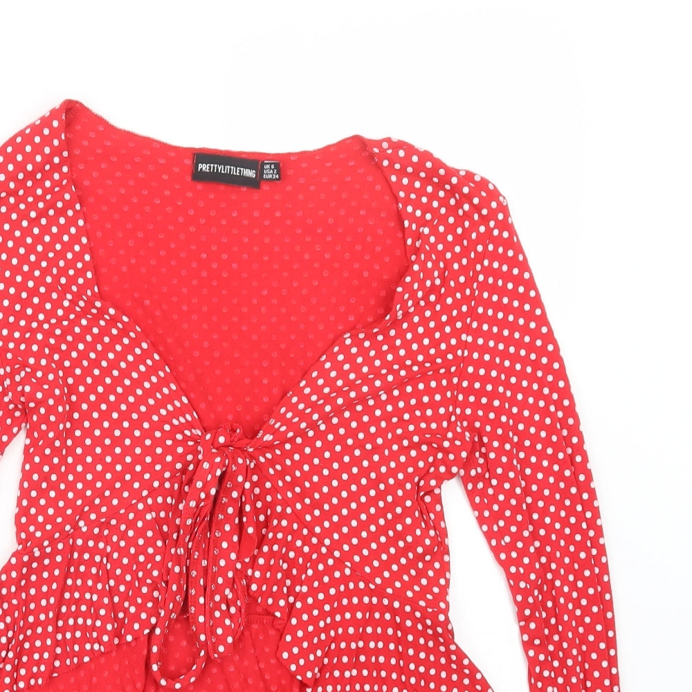 PRETTYLITTLETHING Womens Red Polka Dot  Basic T-Shirt Size 6
