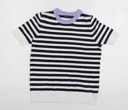 Marks & Spencer Womens White Striped Knit Basic T-Shirt Size 6