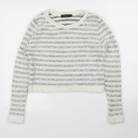 Pout Womens White Striped  Pullover Jumper Size M