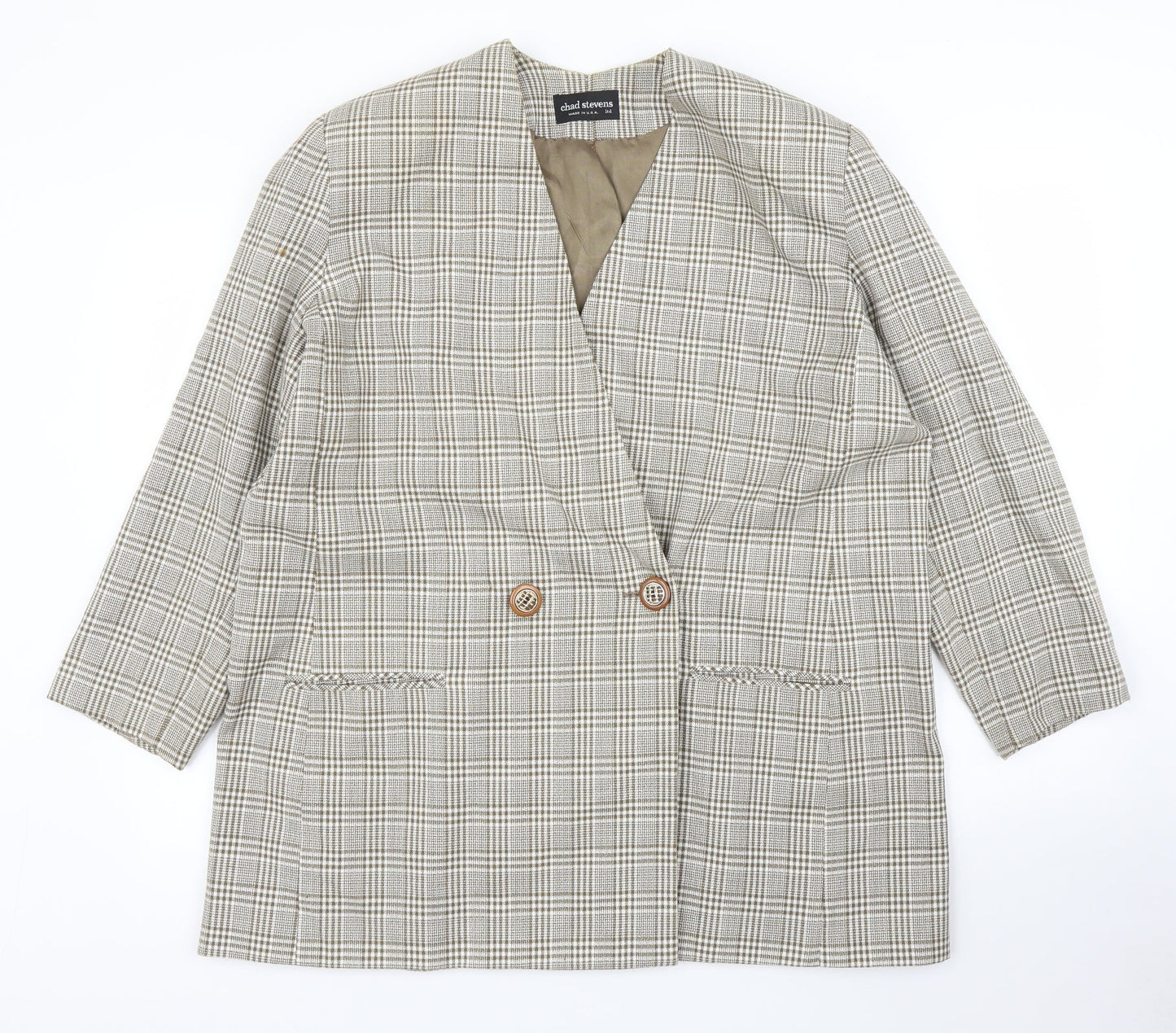 CHAD STEVENS Womens Beige Plaid Rayon Jacket Blazer Size 46
