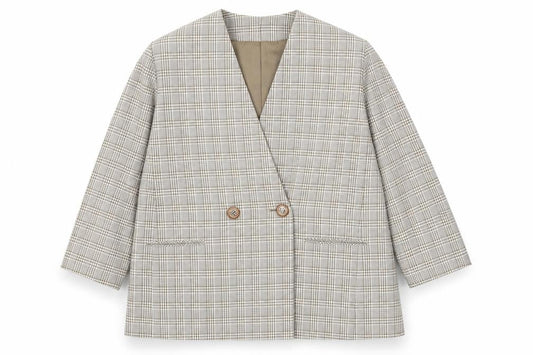 CHAD STEVENS Womens Beige Plaid Rayon Jacket Blazer Size 46