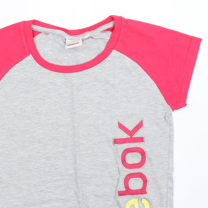 Close-up detail of Reebok girls’ grey basic t-shirt, size 14, years