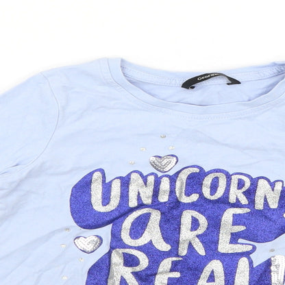 Close-up detail of George girls’ blue geometric basic t-shirt, size 5-6, years