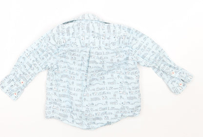 Back view of 5 10 15 boys’ blue geometric basic button-up, size 12, months