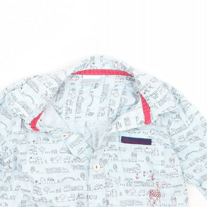 Close-up detail of 5 10 15 boys’ blue geometric basic button-up, size 12, months