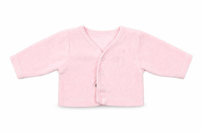 Front view of Babble Boom girls’ pink cardigan jumper, size 0-3, months