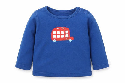 Front view of Tu boys’ blue basic t-shirt, size 6-9, months - bus