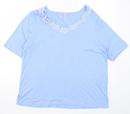 Additional front view of BPC Selection women’s blue basic t-shirt, size L, - leaf pattern collar