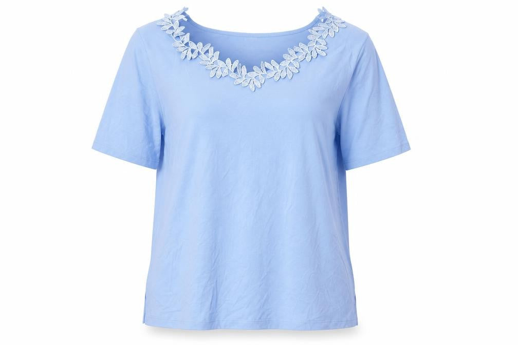BPC Selection Womens Blue   Basic T-Shirt Size L  - Leaf Pattern Collar