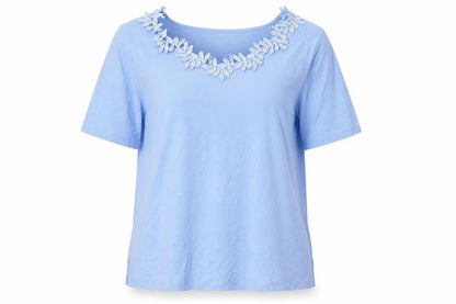 Front view of BPC Selection women’s blue basic t-shirt, size L, - leaf pattern collar