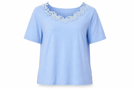 BPC Selection Womens Blue   Basic T-Shirt Size L  - Leaf Pattern Collar