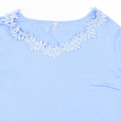 Close-up detail of BPC Selection women’s blue basic t-shirt, size L, - leaf pattern collar