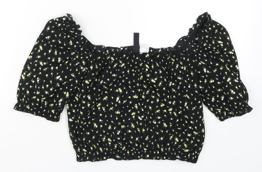 H&M Womens Black Floral  Cropped T-Shirt Size XS