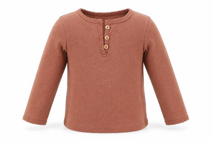 Front view of H&M girls’ brown basic t-shirt, size 6-9, months